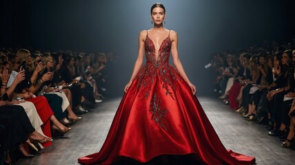Fototapeta premium Red Carpet Elegance: A Stunning Red Gown at Fashion Week