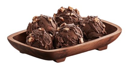 Chocolate ice cream scoops in a wooden bowl, white isolate background