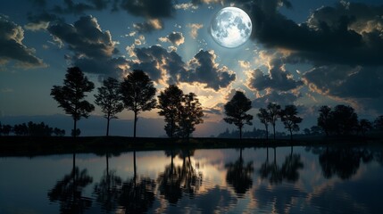 Full moon in a cloudy night sky, illuminating the serene silhouettes of trees and a still lake below