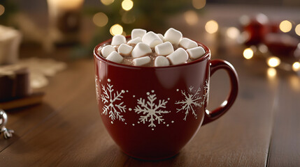 Hot chocolate served in a festive red mug with a snowflake design and marshmallows.
