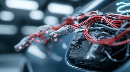 Diagnostics and testing for effective mechanics repair. A close-up of tangled red wires and connectors, showcasing intricate details of technology and design in a futuristic setting.