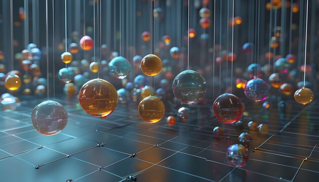 3D Scatter Plot with Colorful Floating Spheres Suspended in Mid-Air (Faint Glow)