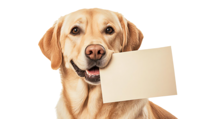Dog holding a blank card in its mouth, white isolate background