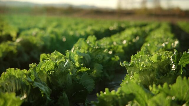 Fresh green salad close up on a farm showing organic vegetables on a horizontal background Detailed view of lettuce leaves growing in a field during the spring season