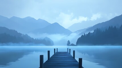 Naklejka premium Serene lake with wooden dock, misty mountains, and tranquil atmosphere.