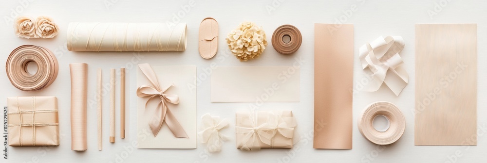 Aufkleber flat lay showcases a variety of gift wrapping items like paper, ribbons, and cards with ample copy s