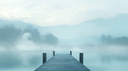 Misty lake with wooden dock extending towards foggy mountains.