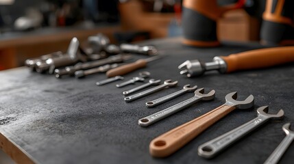Diagnostics and testing for effective mechanics repair. A collection of various tools neatly arranged on a workbench, showcasing wrenches and a power tool, perfect for DIY enthusiasts and mechanics.