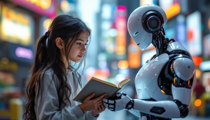 Fototapeta premium Robot and Girl Reading Together in Futuristic City Urban Environment Engaging Scene