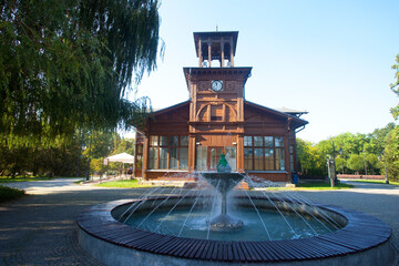 Zabytkowa pijalnia wód mineralnych powstała w latach 1880 - 1881, a na pierwszym planie fontanna z figurką żaby - atrakcja turystyczna, Ciechocinek, Polska	