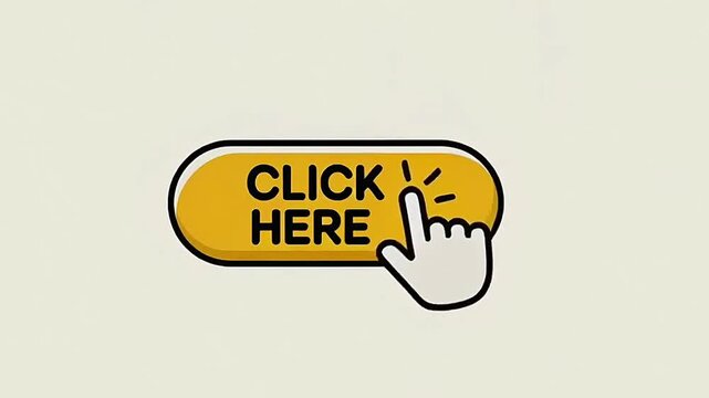 Loopable video of action button with words Click Here and hovering hand motioning to click