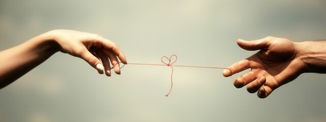 Valentine's day vibe. Symbolic connection between two hands with red string of fate against sky