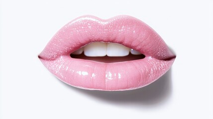 Close-up of glossy pink lips and teeth against a white background.