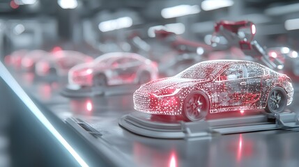 Diagnostics and testing for effective mechanics repair. A futuristic automotive assembly line showcasing transparent cars illuminated with vibrant red lights and robotic machinery.