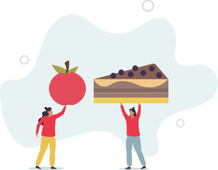 Two women with different food. Balanced diet and unhealthy nutrition .flat characters.