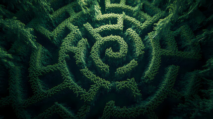 Green maze in forest jungle generative ai. Labyrinth. Illustration