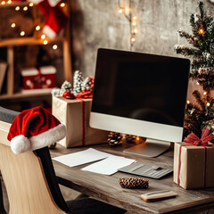 Holiday Workspace with Laptop, Santa Hat, and Wrapped Gifts