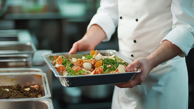 Close up of a chef hands holding a tray filled with organic food scraps, such as vegetable peels, fruit rinds. Sustainable waste management practices in a restaurant. Zero waste concept