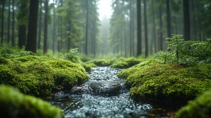Obraz premium Here's a and keyword list suitable for stock photo submission.. Serene stream flows through lush, mossy forest.