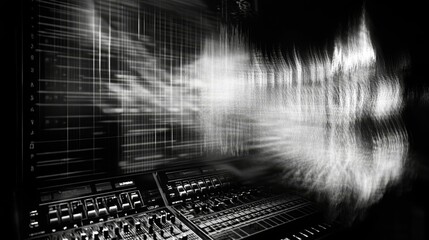 Monochrome image: sound waves, mixing board, digital display.