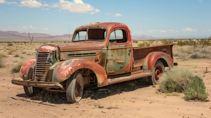 Abandoned antique old truck in the desert