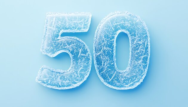 3D "50" text in icy blue with a frosted texture, on a solid light blue background