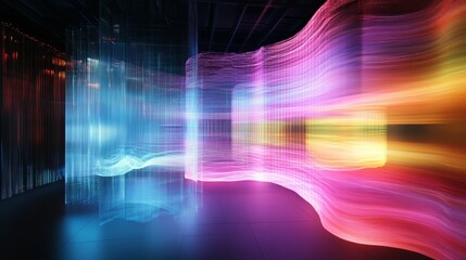 Abstract light patterns, colorful, modern, interior space.