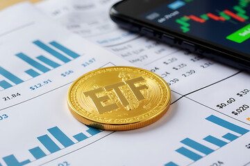 Close-Up of Gold Coin Labeled "ETF" on Financial Documents with Charts and Trading App