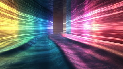Abstract colorful corridor; glowing, wavy walls.