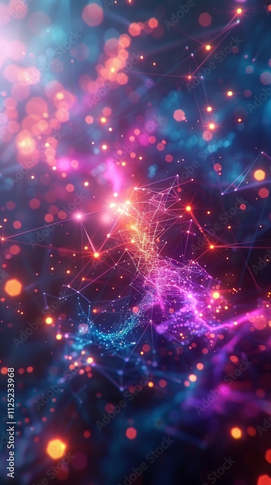 Wall mural abstract 3d scene with sci-fi theme: nodes connected by colorful wires against starry backdrop. myst