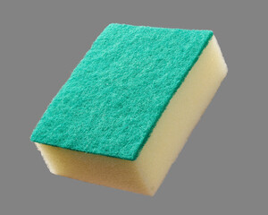 rectangular cleaning sponge with yellow spongy and green abrasive side isolated gray background,...