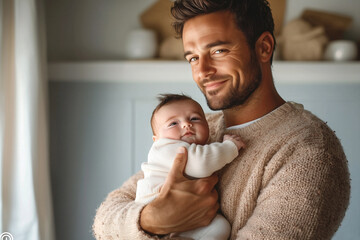 A man holds a baby in his arms in a cozy home atmosphere. Paternal activity. Emotional connection. The concept of care and love. A special bond between a parent and a child.