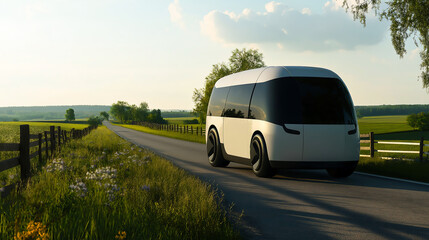 Futuristic electric van driving along a country road. Advanced technology and the simplicity of rural life. Perfect for sustainable wine tourism and eco-travel promotions