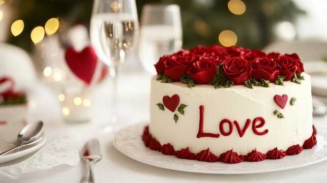 valentines day cakes, valentines day table adorned with a cake decorated in red roses and elegant icing that spells out love