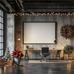 Open-Plan Office with Festive Decorations and Blank Digital Screen