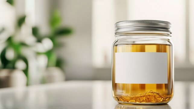 kombucha brewing, a modern glass jar displaying a scoby in tea, with a white label and metal lid, placed on a simple kitchen counter with gentle light