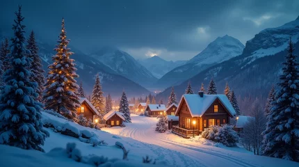 Fototapete beautiful snowy christmas village in mountains landscape in night © 123dartist