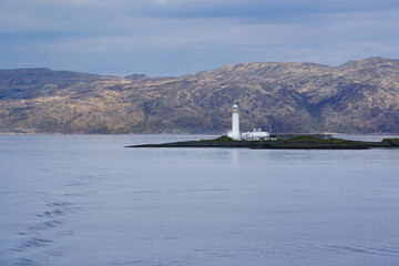 Lismore Lighthouse on Eilean Musdile in Scotland. It is a lighthouse on a small islet in the south west of Lismore island.