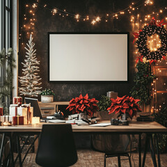 Open-Plan Office with Festive Decorations and Blank Digital Screen