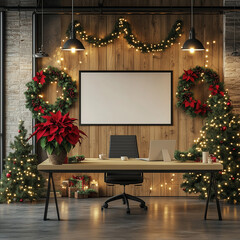 Open-Plan Office with Festive Decorations and Blank Digital Screen