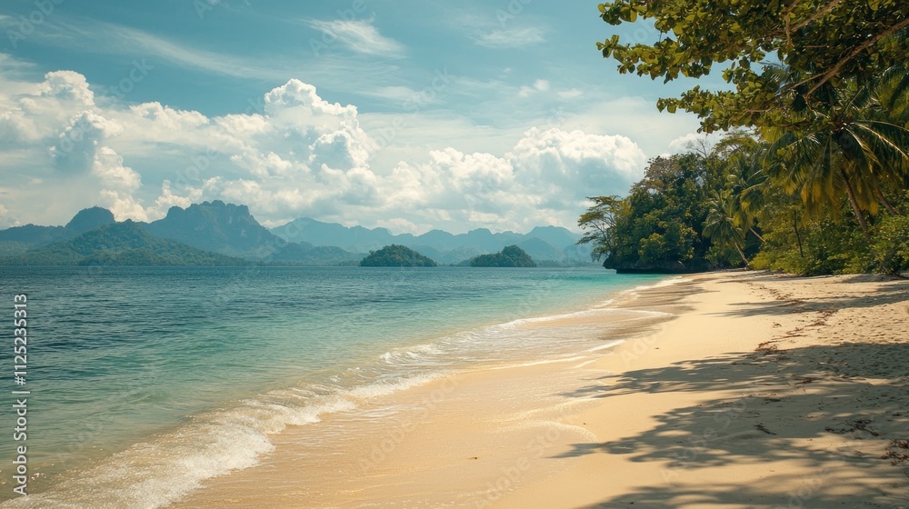 Poster waves gently lap against the shore, where golden sand meets calm turquoise waters. lush greenery lin