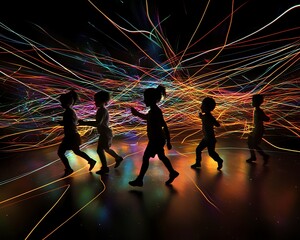 Abstract motion of kids dancing, surrounded by glowing lines on a black background,