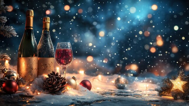 A bottle of wine and a wine glass are on a table with a Christmas tree
