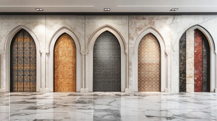 Elegant arched doors with ornate patterns in a marble-walled hallway.