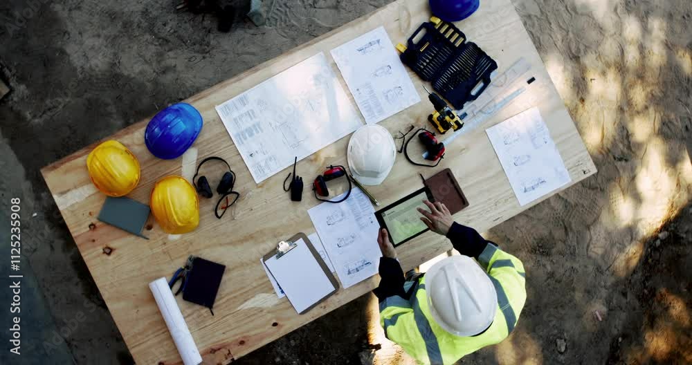 Fototapete top view, architect and planning on tablet with blueprint for construction project, development or s