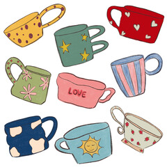 set of different cups, hand painted in mixed media, isolated on white background.