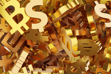 Heap of randomly placed golden fiat currency symbols and bitcoin cryptocurrency sign. Illustration of the concept of centralized and decentralized financial systems