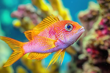 Obraz premium Colorful sea fish near the vibrant colored reef in the depts of an ocean. Generative Ai