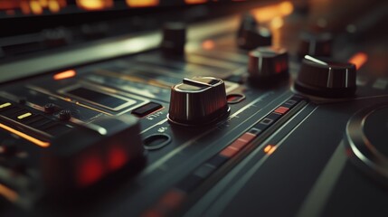 Dark control panel; knobs, buttons, illuminated details.