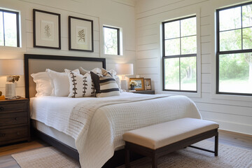 large white bed with a white comforter and pillows, a white dresser, and a white nightstand